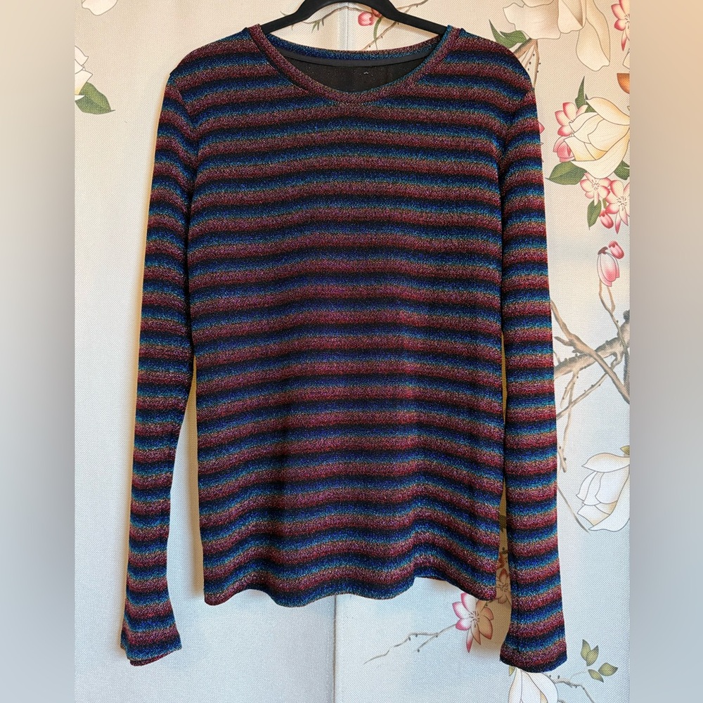 Designer Rainbow Multicolor Stripe Disco Lurex Metallic Knit Top